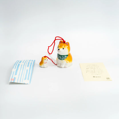 Shiba wind chime set with paper strip and included tag laid out flat