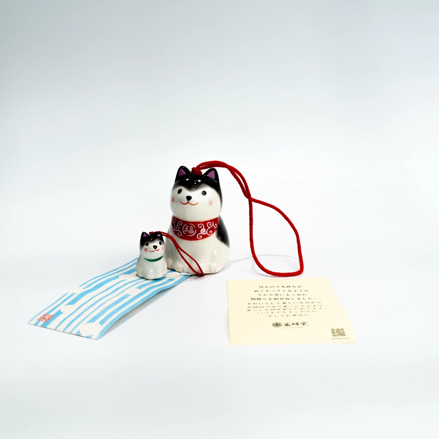 Yakushi Kiln Shiba Inu Parent and Puppy Wind Chime | Tan or Black Japanese Ceramic Furin Lucky Bell — view 6