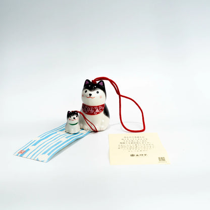 Yakushi Kiln Shiba Inu Parent and Puppy Wind Chime | Tan or Black Japanese Ceramic Furin Lucky Bell — view 6
