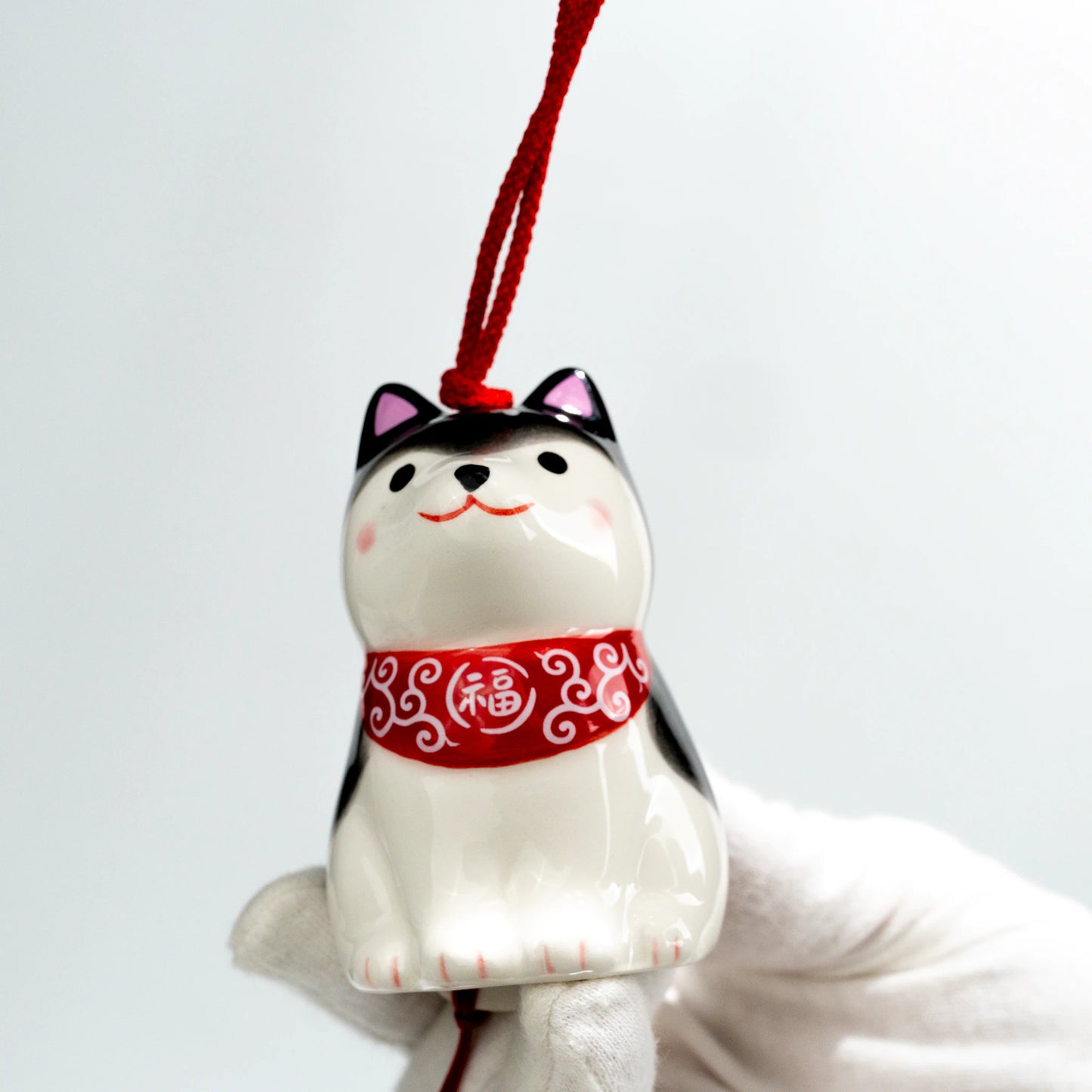 Yakushi Kiln Shiba Inu Parent and Puppy Wind Chime | Tan or Black Japanese Ceramic Furin Lucky Bell — view 2