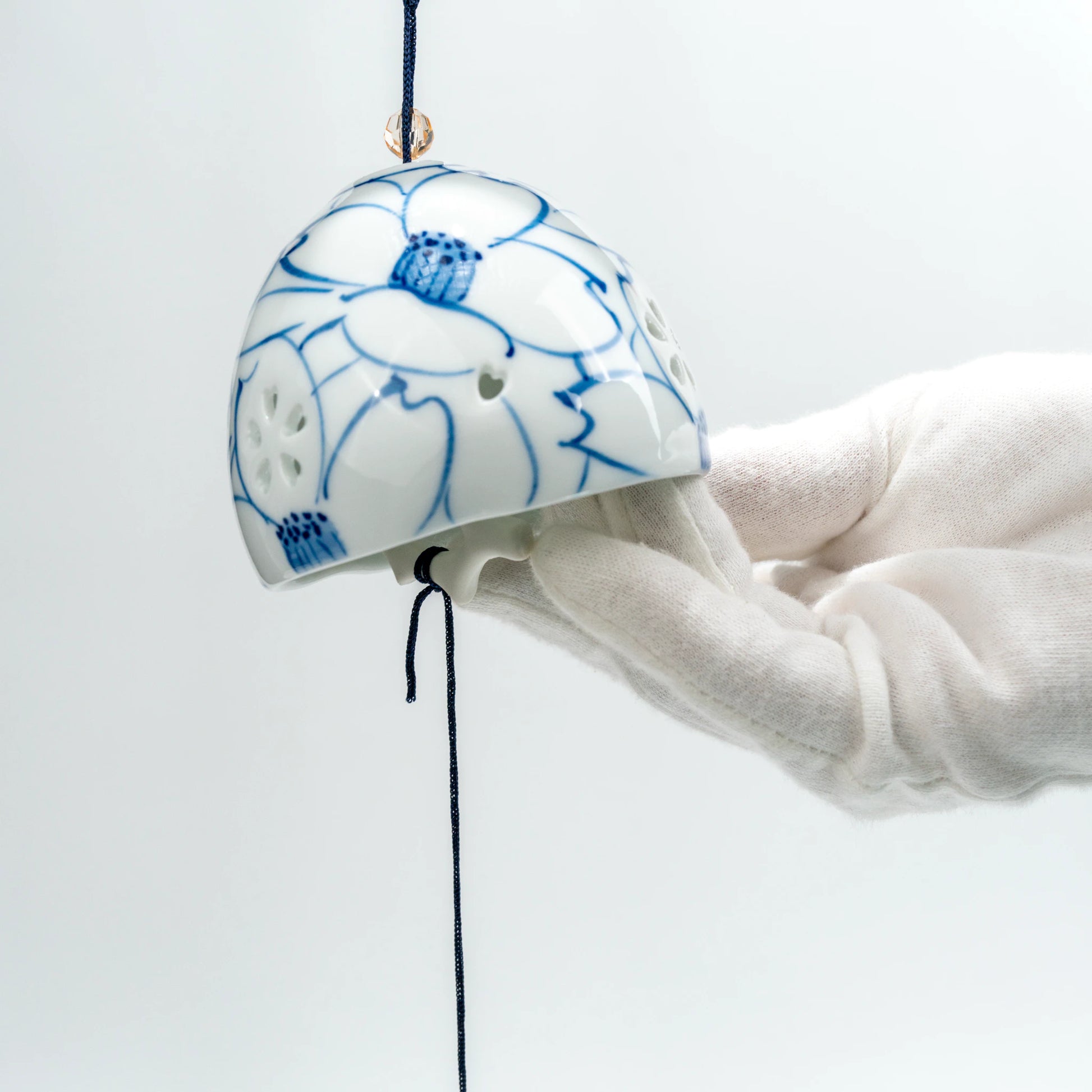 Arita Hakuji Wind Chime — Hand-Painted Sazanka Camellia Furin, Sometsuke — view 1