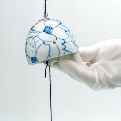 Arita Hakuji Wind Chime — Hand-Painted Sazanka Camellia Furin, Sometsuke — view 1