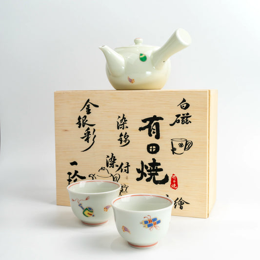 Arita & Hasami Takarazukushi Tea Set | Kyusu + 2 Cups | Wood Box