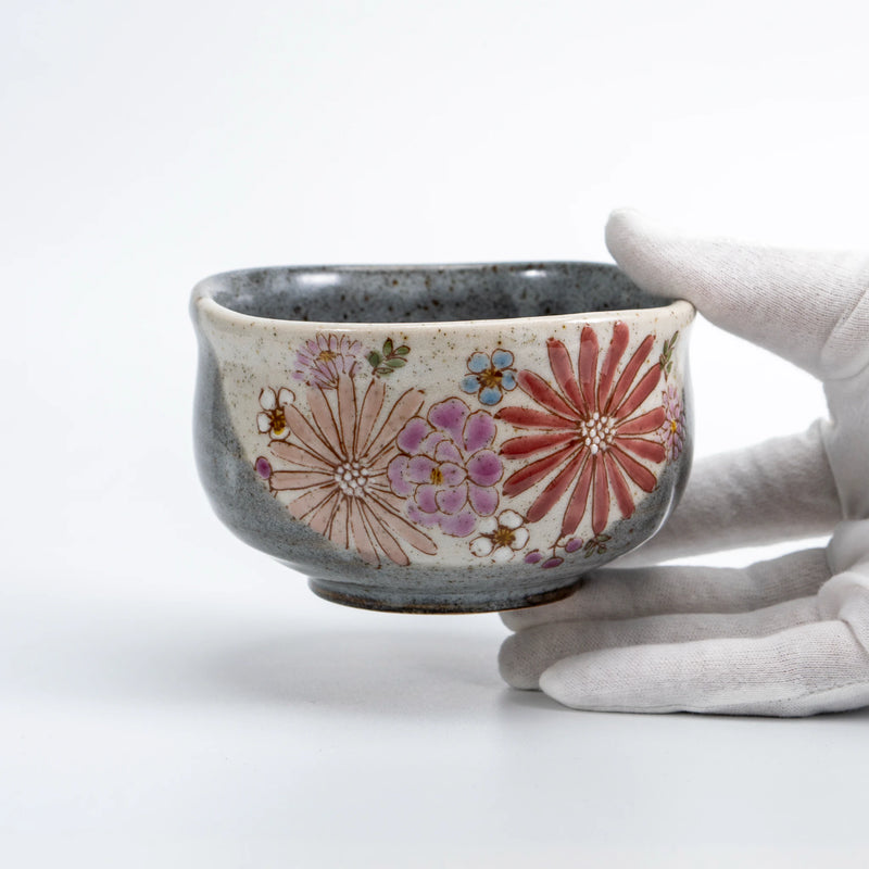 Kutani Hand-Painted Matcha Chawan by Iroe Yu Workshop — Hana Floral Wabi-Sabi Stoneware Bowl