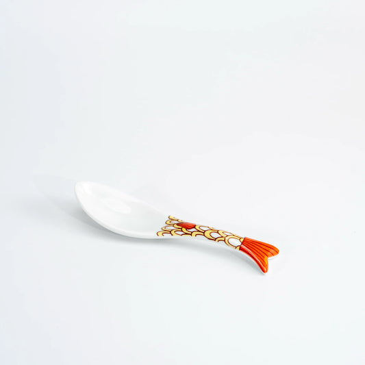 Single Kutani fish-shaped renge spoon with an orange patterned fish-tail handle