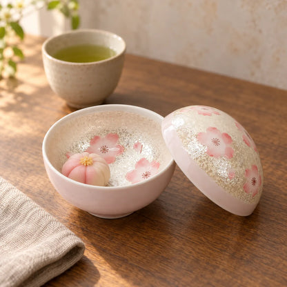 Open Arita pink cherry blossom lidded bowl holding a small wagashi, with its matching lid and a cup of green tea nearby