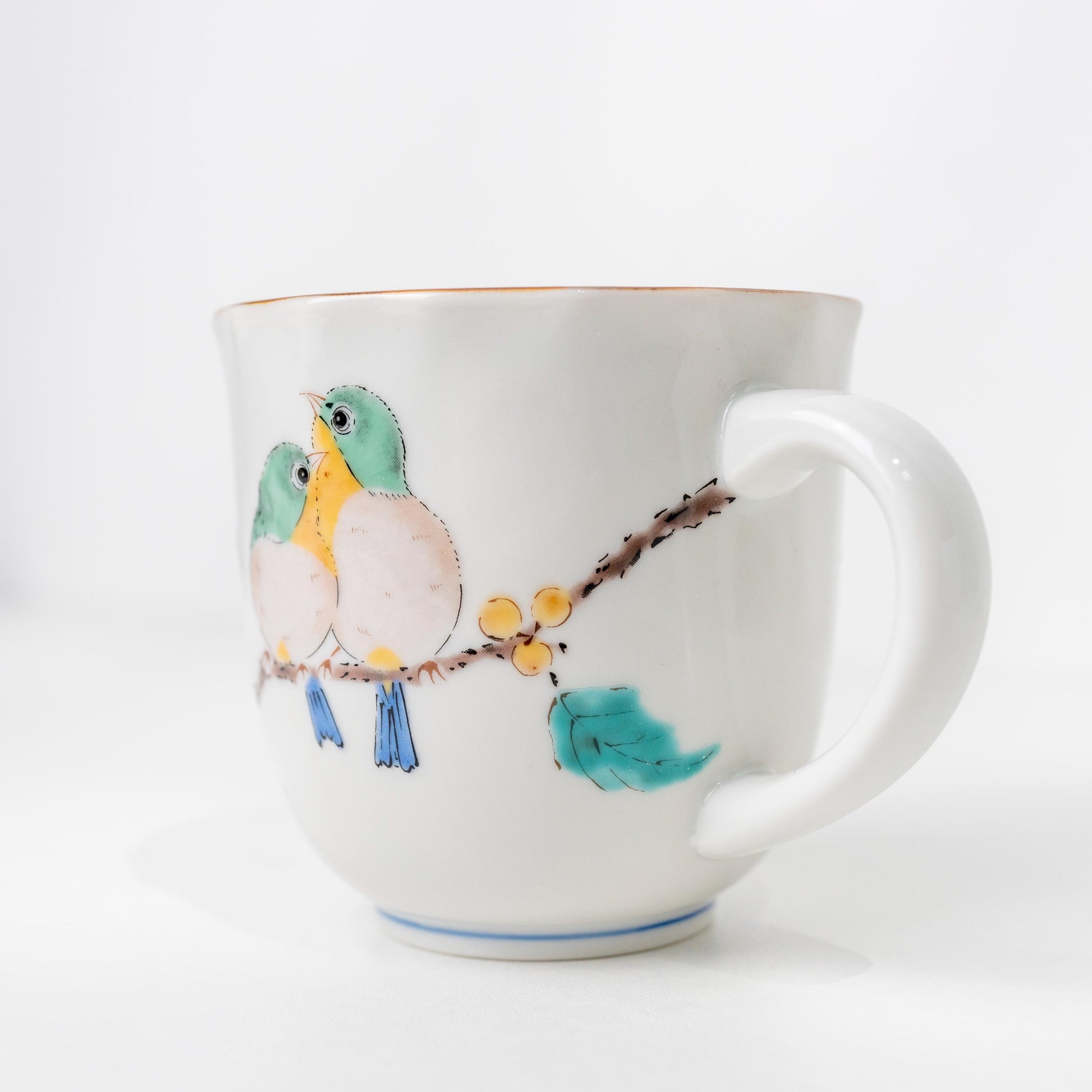 Angled side view of Kutani mug with bird motif