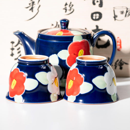Arita indigo camellia tea set with kyusu teapot and two yunomi cups in wooden box