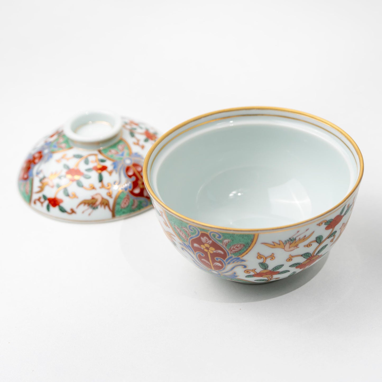 Side view of Japanese porcelain lidded soup bowl