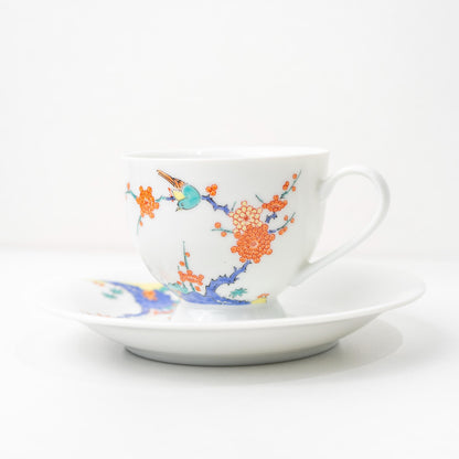 Arita bird and plum blossom coffee cup and saucer set in hand-painted porcelain