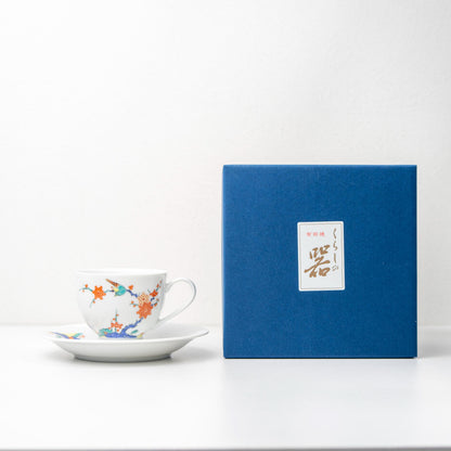 Blue gift box with Arita bird and plum blossom cup and saucer set
