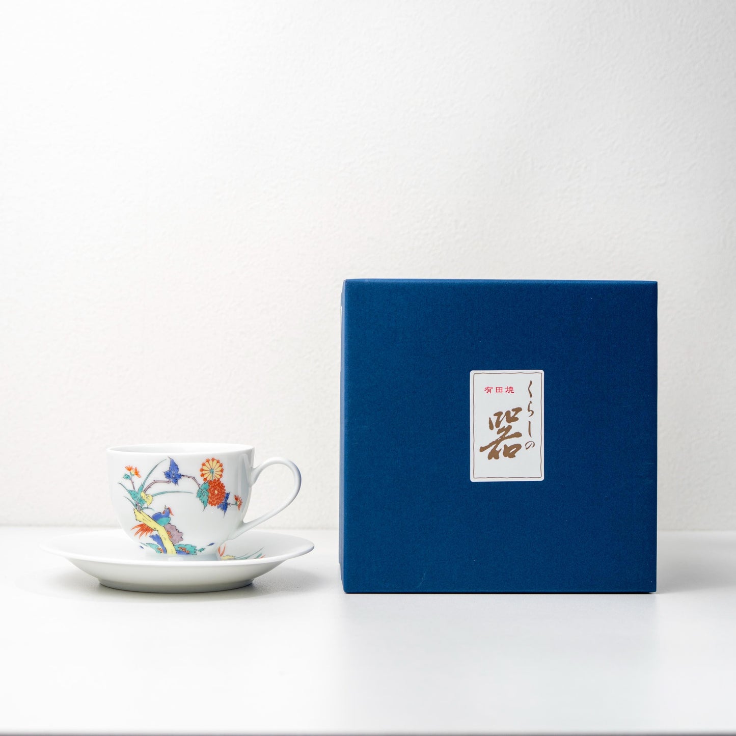 Blue gift box with Arita bird and floral cup and saucer set