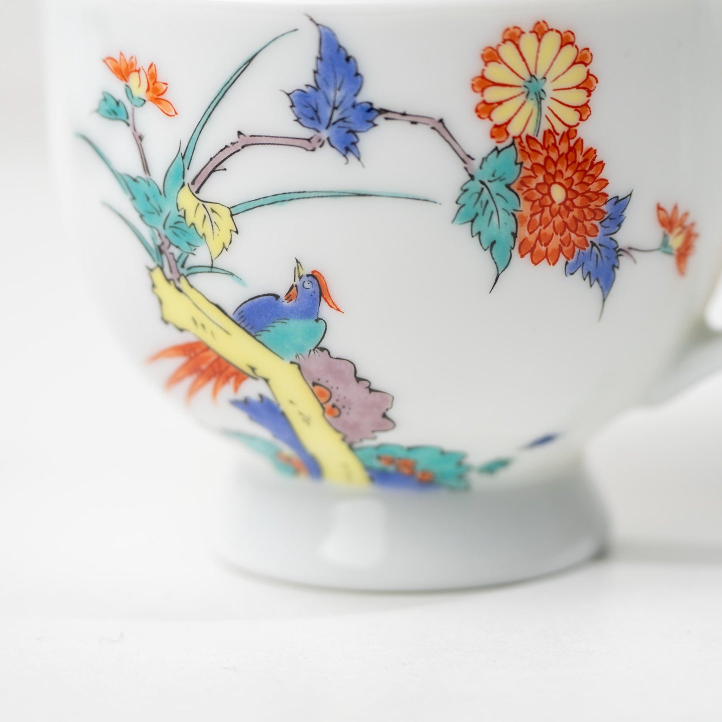 Front view of Arita bird and floral cup and saucer set on white background