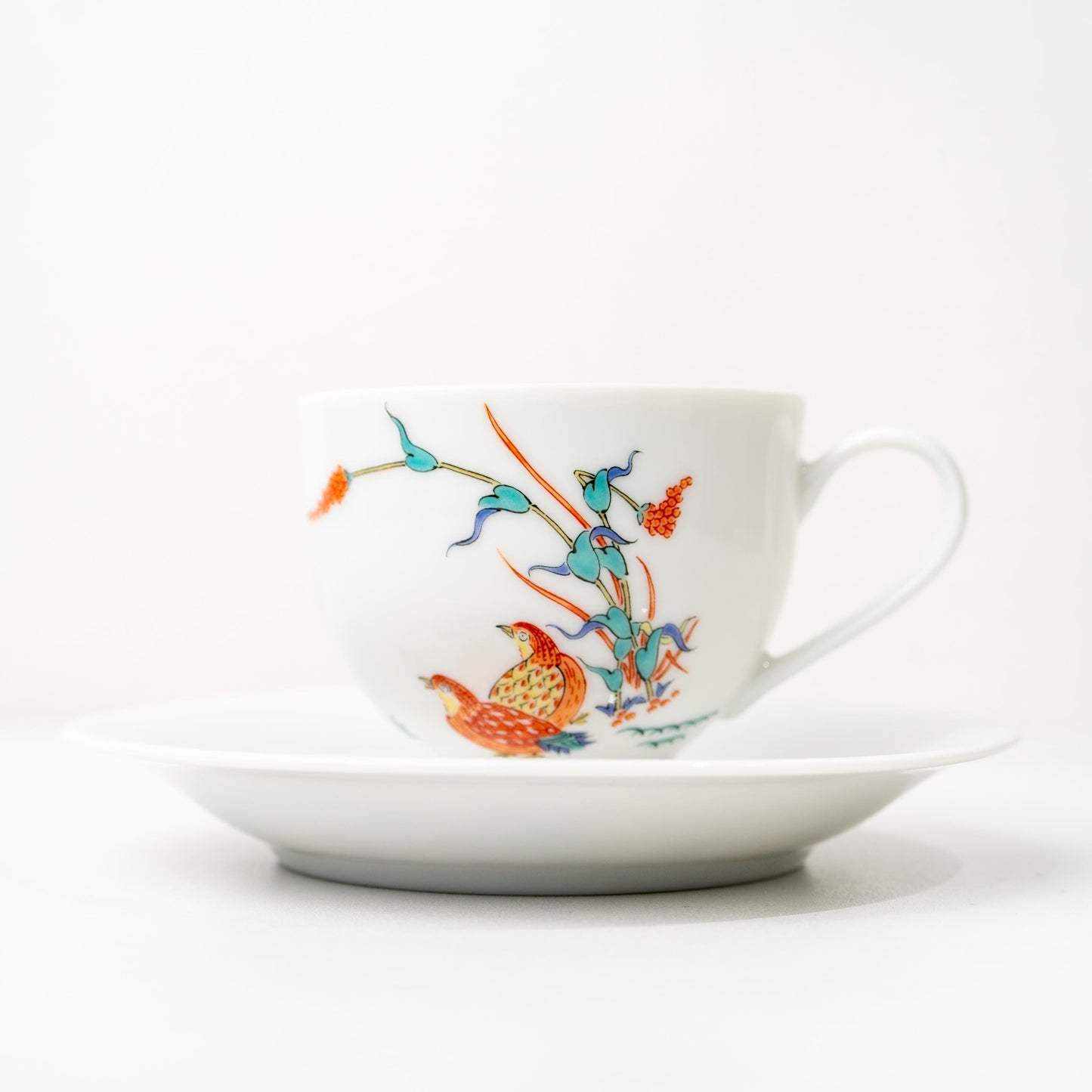 Arita quail and autumn grass coffee cup and saucer set in hand-painted porcelain