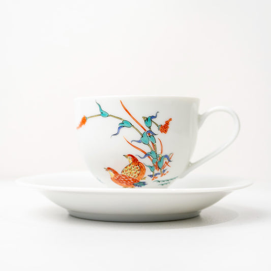 Arita quail and autumn grass coffee cup and saucer set in hand-painted porcelain