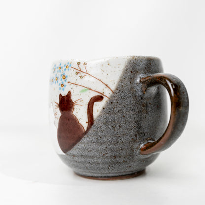 Side view of Kutani mug with hand-painted cat motif