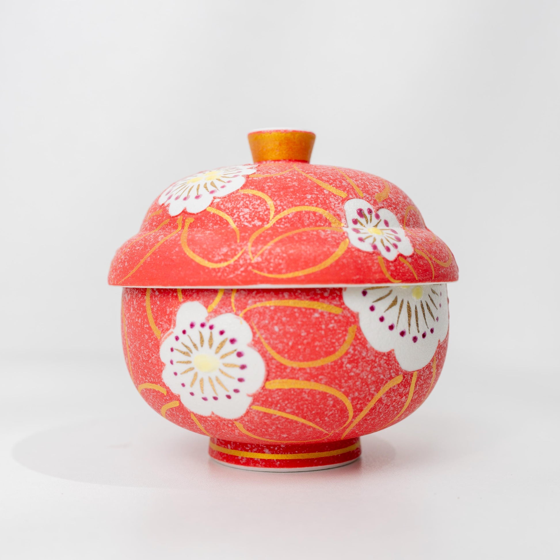 Arita sakura lidded rice bowl in red porcelain