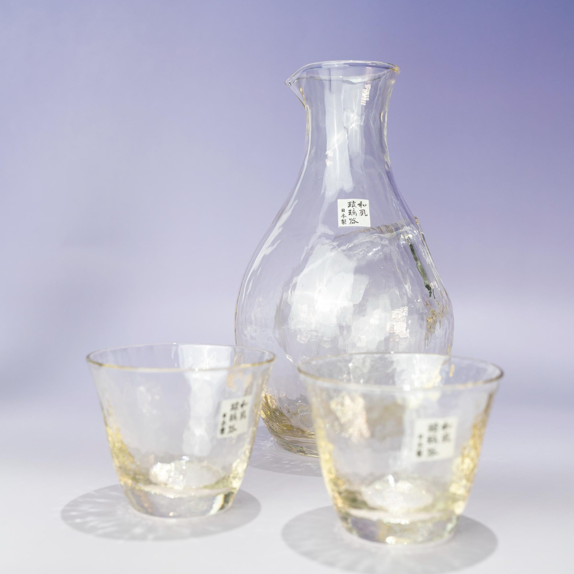 Amber glass cold sake set with carafe and two matching cups
