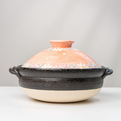 Banko ware donabe clay pot with pink floral lid and neutral base