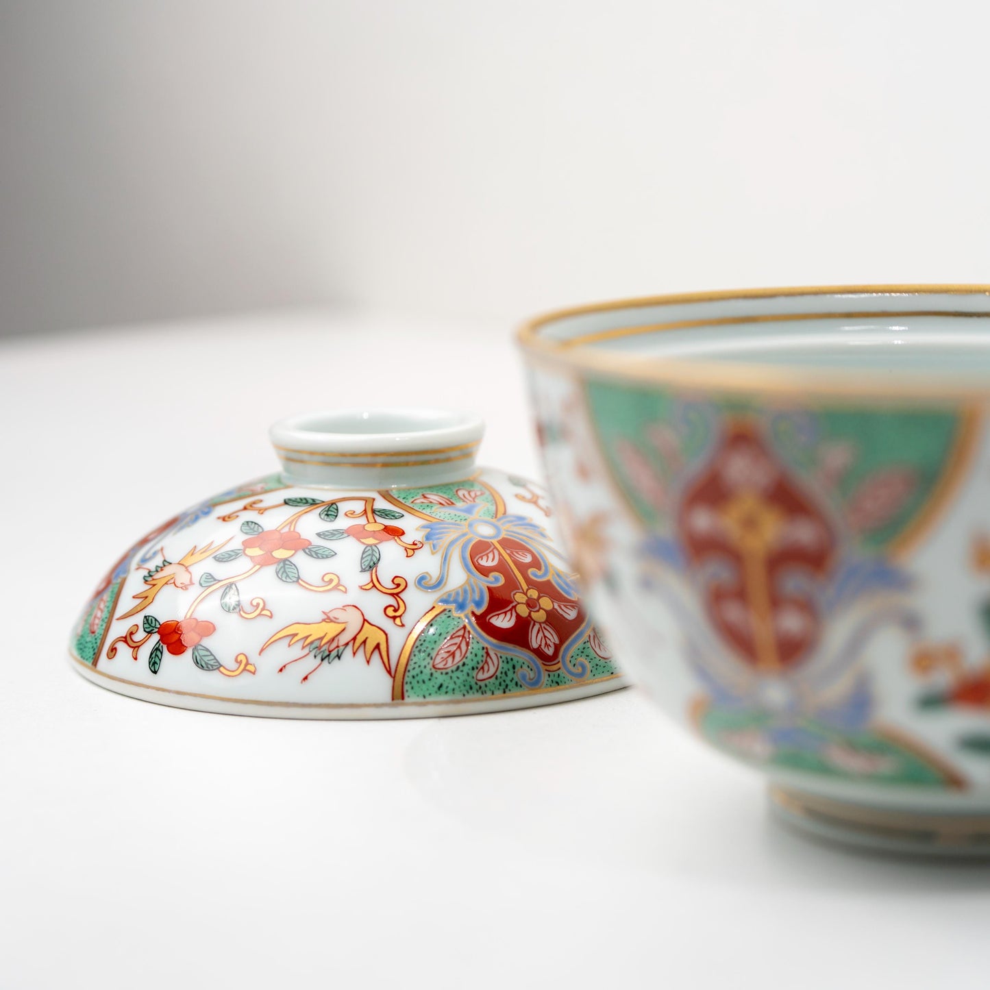 Low angle view of bowl and lid set in Ko-Imari pattern