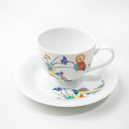Arita bird and floral coffee cup and saucer set in hand-painted porcelain