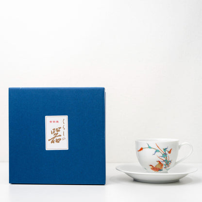 Blue gift box with Arita quail coffee cup and saucer set