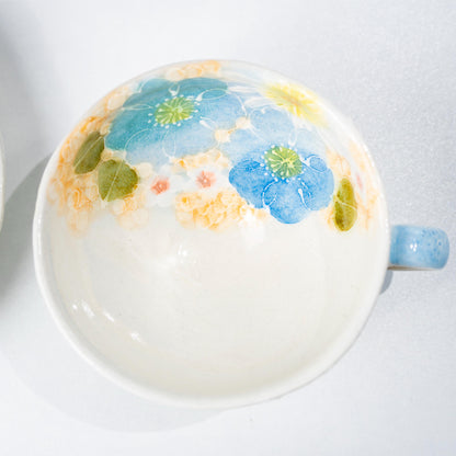 Top view of handmade floral coffee cup in Seto ware