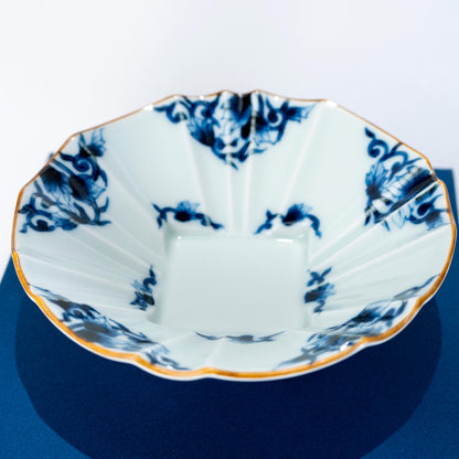 Top view of Arita ware blue arabesque porcelain bowl