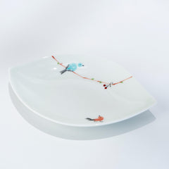 Arita Hasami Leaf Plate, Hand-Painted Thrush Birds on Berry Branch 15cm
