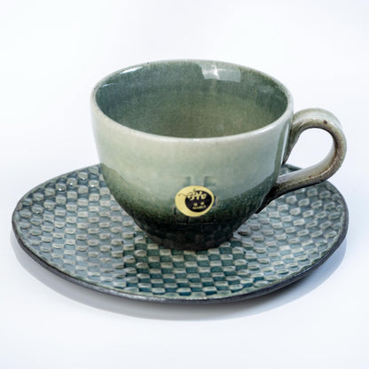 Shigaraki coffee cup and saucer set in olive green mosaic stoneware