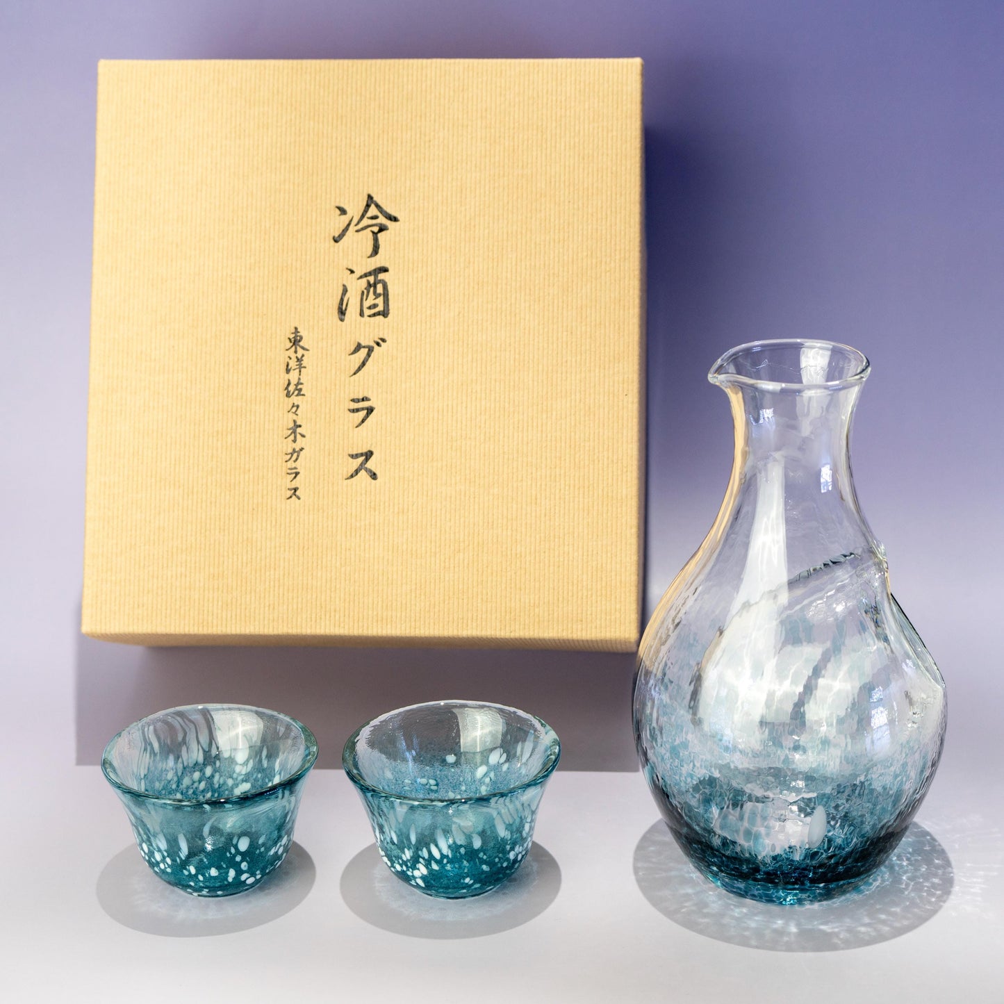 Toyo Sasaki blue cold sake set with carafe, cups, and gift box