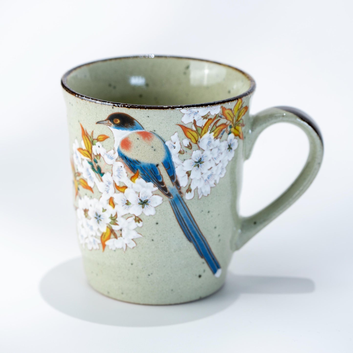 Kutani ware cherry blossom bird mug, hand-painted Japanese ceramic, 230 ml