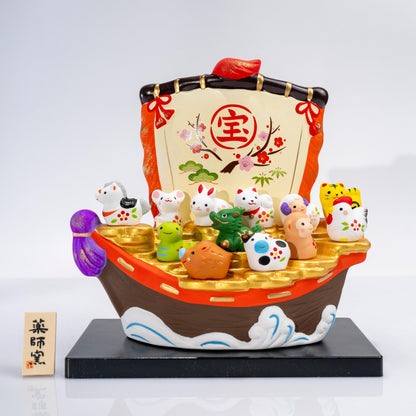 Zodiac treasure boat figurine set with miniature ceramic zodiac animals