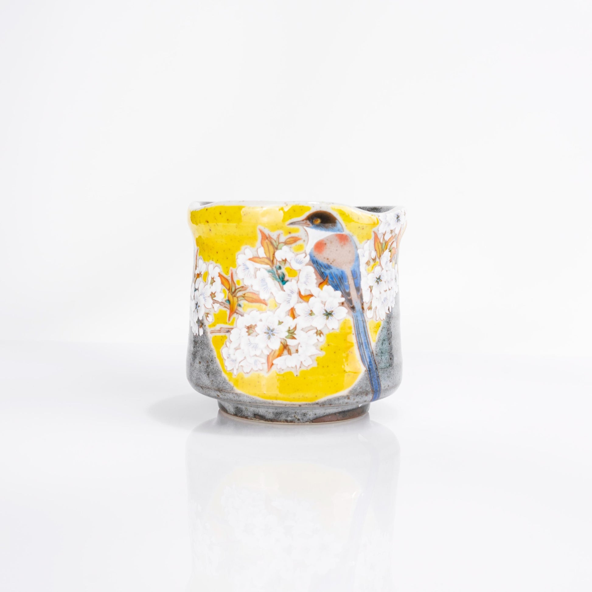 Kutani Yoshidaya yunomi tea cup with hand-painted sakura and bird motif