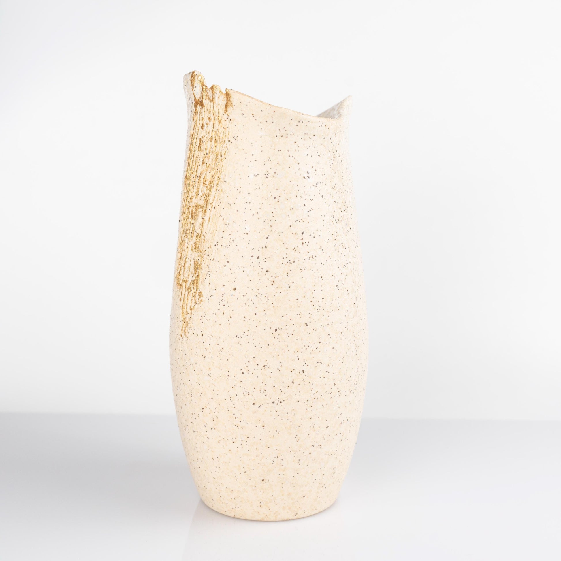Angled view of handmade Shigaraki white vase