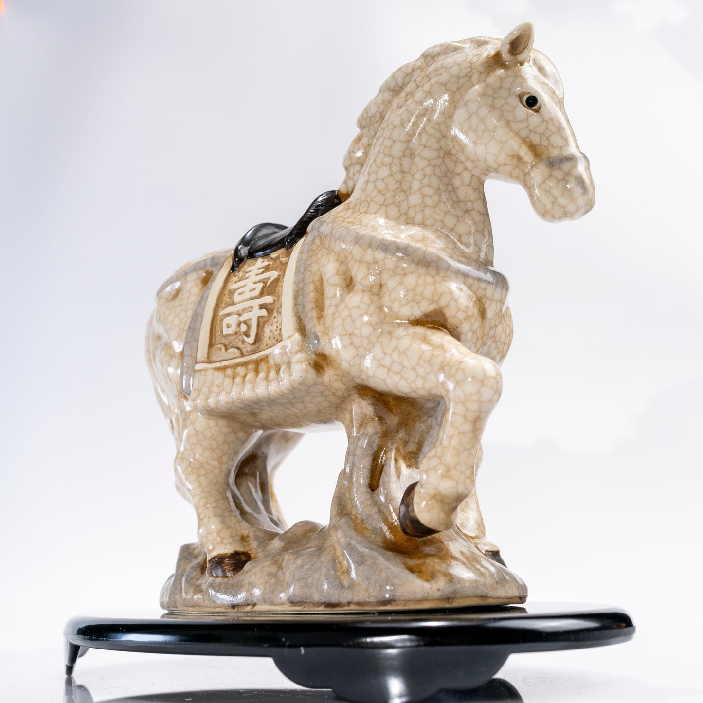 Zodiac horse figurine in crackle glaze ceramic with black base