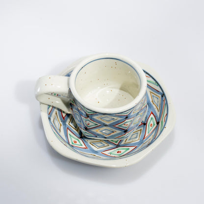 Cup and saucer displayed together on white background