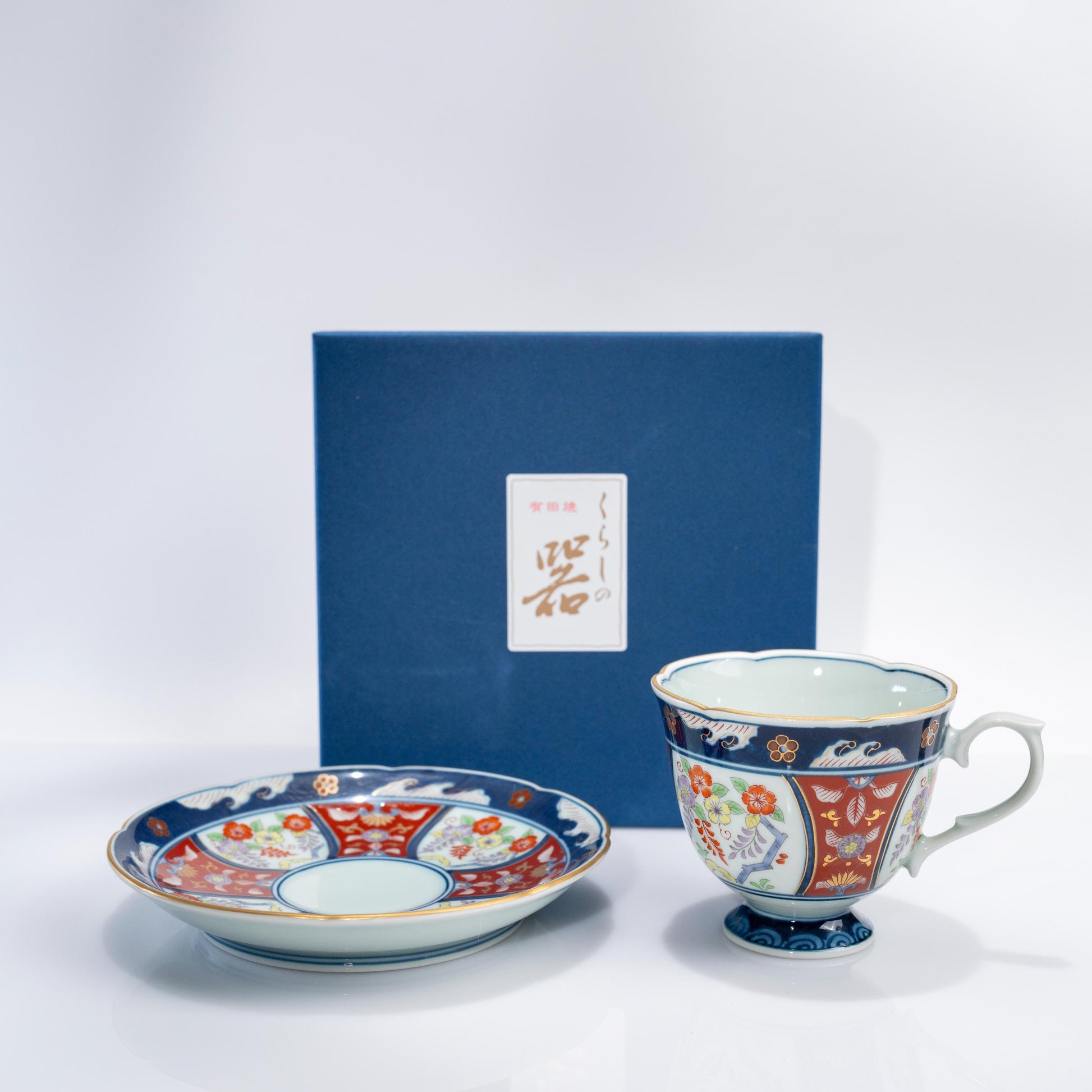 Arita Ko-Imari wisteria coffee cup and saucer set with gift box