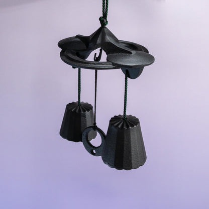 Side view of hanging cast iron wind chime in Nambu style 