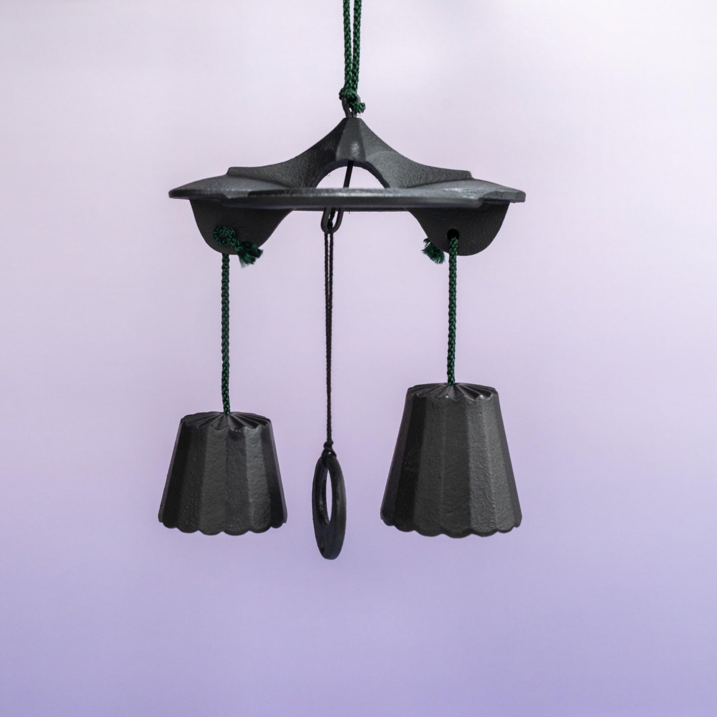 Front view of Japanese cast iron furin double bell wind chime