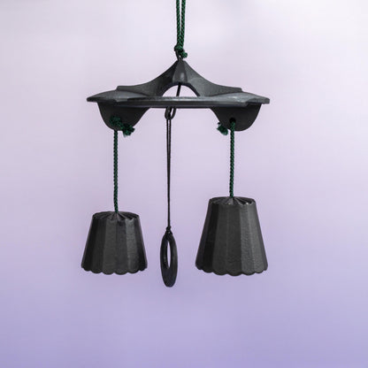 Front view of Japanese cast iron furin double bell wind chime