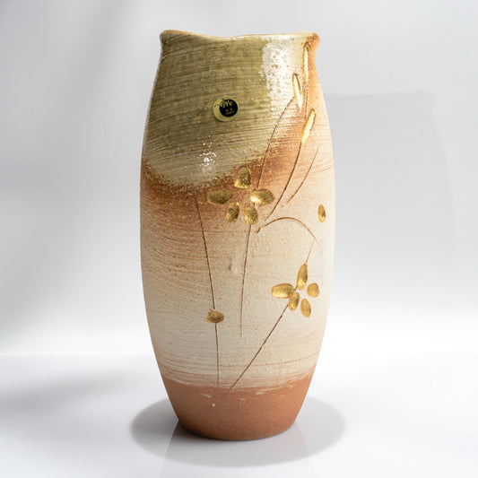 Shigaraki Meiyo tall ikebana vase in handmade Japanese stoneware