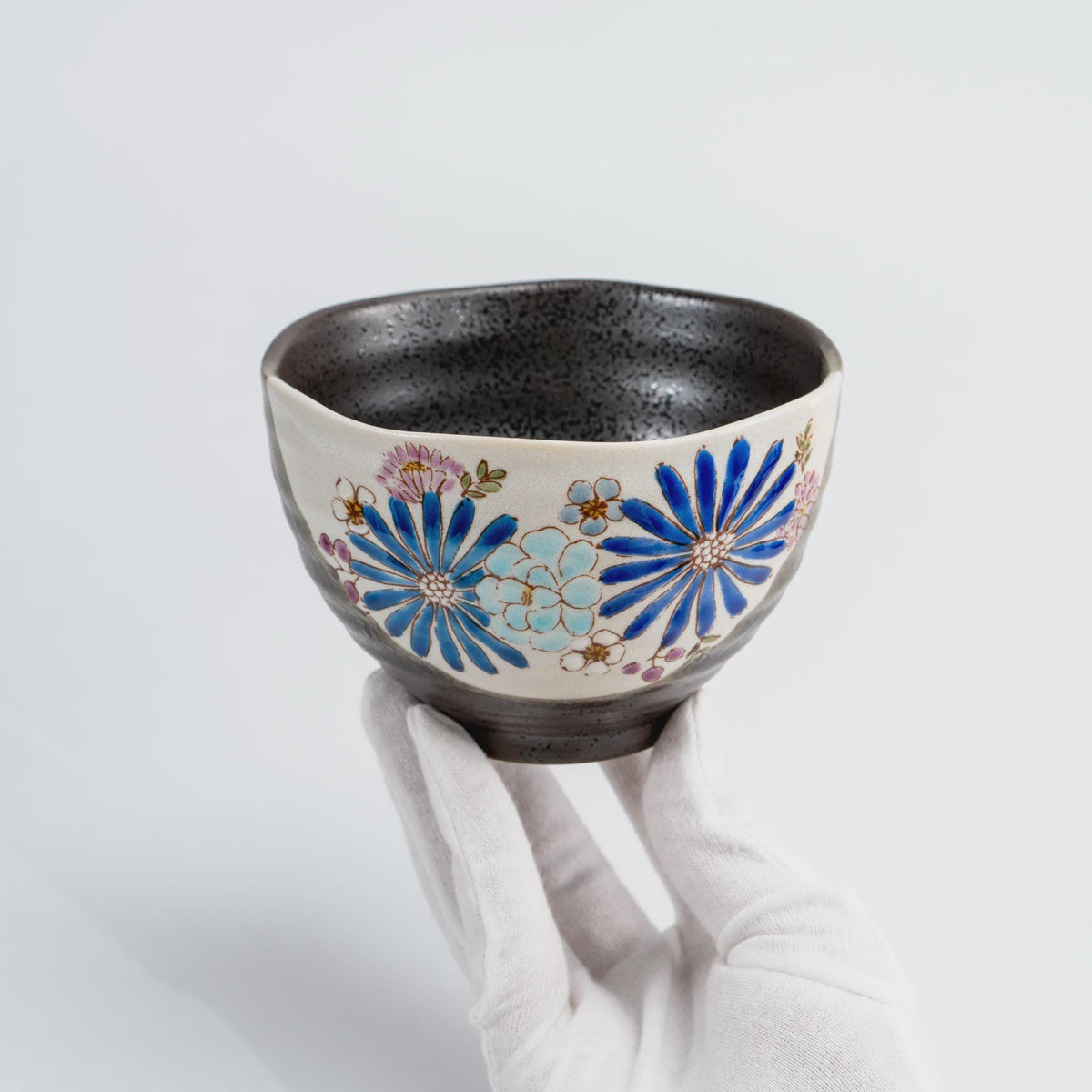 Iroe Yū Hana Kutani rice bowl, blue colourway, dark speckled glaze