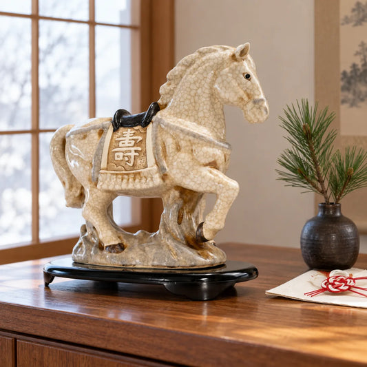 Yakushigama zodiac horse on its black stand beside pine and a red-and-white mizuhiki knot for New Year