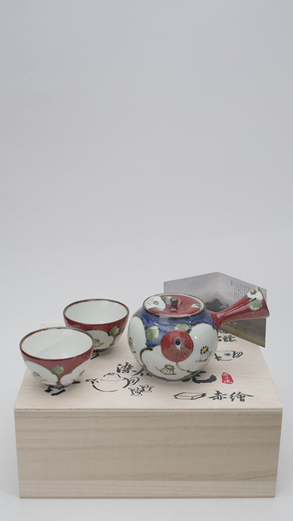 Japanese Camellia Tea Set | Hand-Painted Kyusu & Two Porcelain Cups