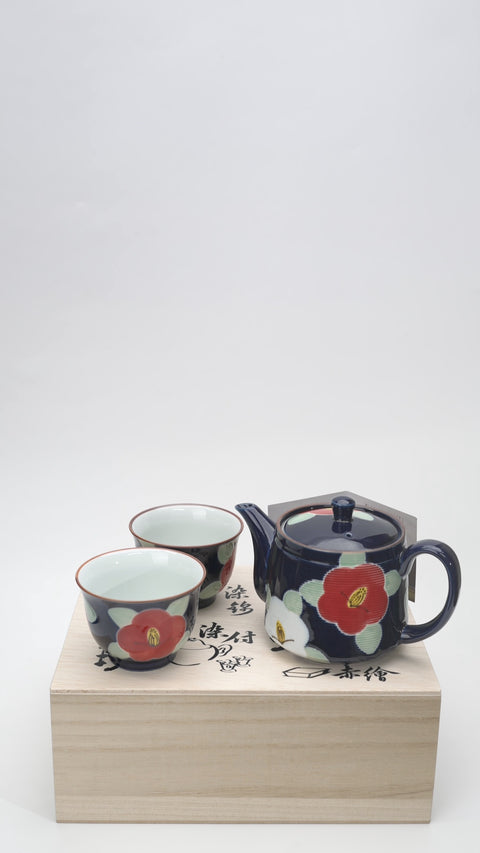 Red and white camellia tea set video cover.