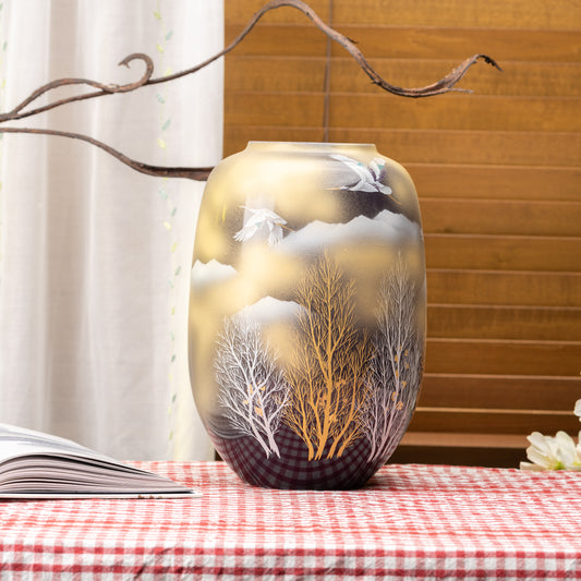 Kutani Vase — Crane and Woodland, with Wooden Box