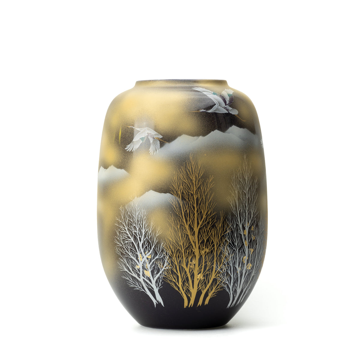 Tall rounded Kutani vase with flying cranes and bare trees against a black-and-gold background.