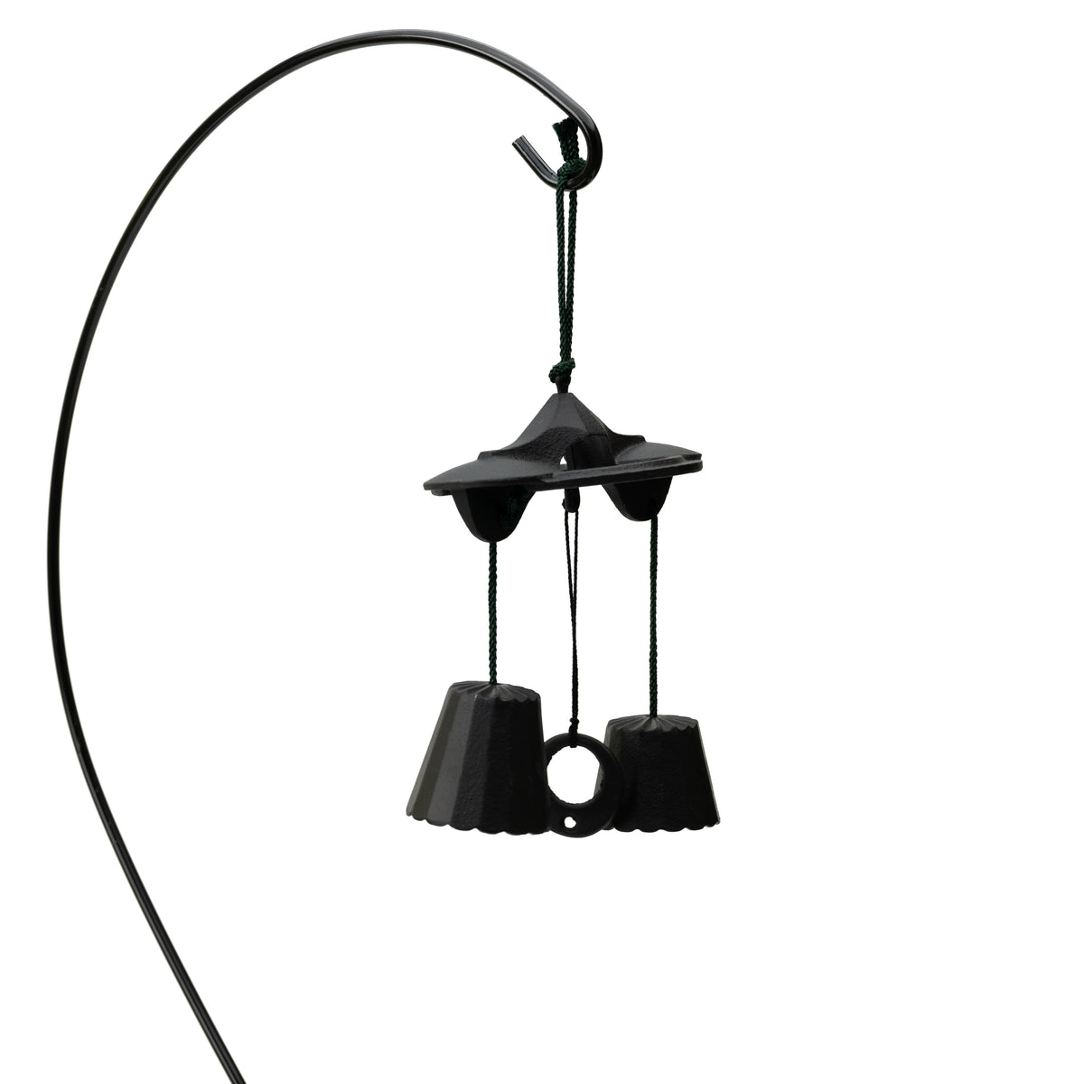 Black Ikenaga double-bell wind chime suspended from a curved display stand.