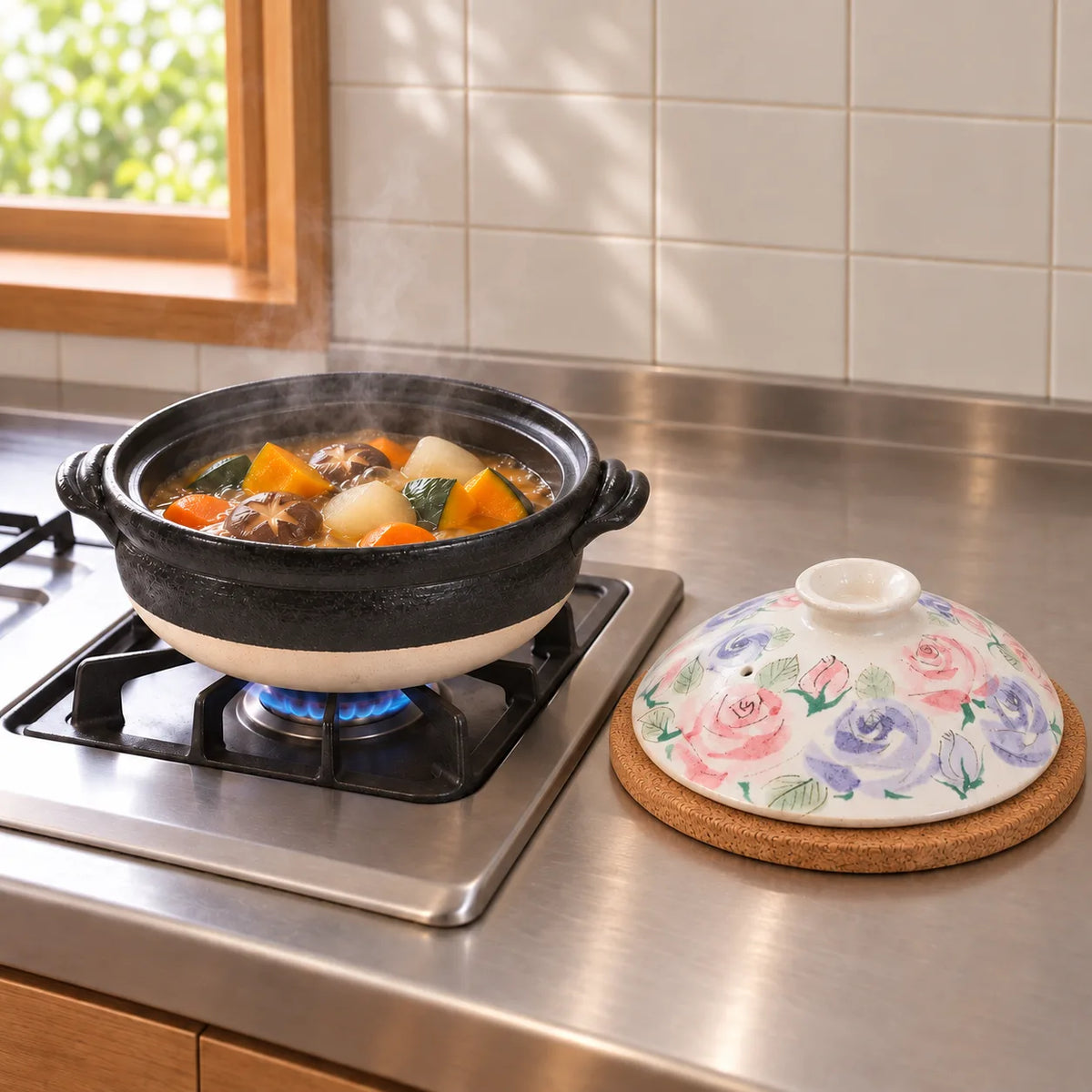 Afuku rose donabe simmering squash and vegetables on a gas burner, with its painted lid beside it.